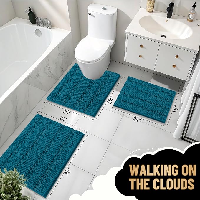 OLANLY Thick Bathroom Rugs 30x20, Extra Soft Absorbent Chenille Striped Bath Rugs, Rubber Backing, Machine Wash Dry, Bath Mats for Bathroom Floor, Tub and Shower, Home Decor Accessories, Peacock Blue