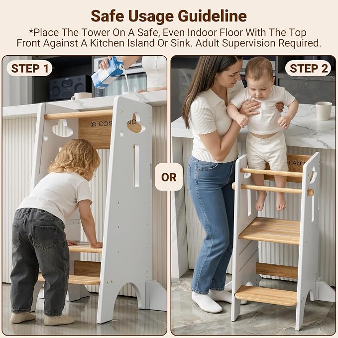 COSYLAND Toddler Standing Tower Adjustable Height (NO Wide Back Panel) - Super Stable Toddler Kitchen Stool Helper - 3 Levels Adjustable Wooden Kids Kitchen Stool (Natural & White)