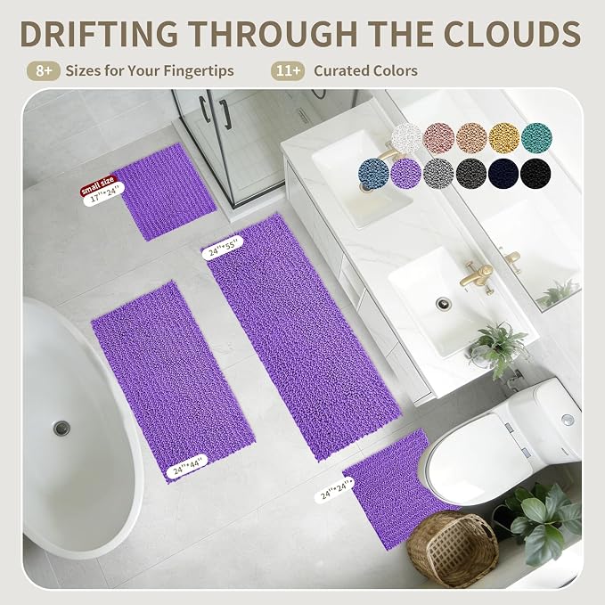Bathroom Rugs Non Slip Washable 55x24, Extra Thick Soft Chenille Absorbent Bath Mat, High Density Barrier Non Slip Backing, Quick Dry Plush Shaggy Floor Carpet for Tub&Shower, Purple