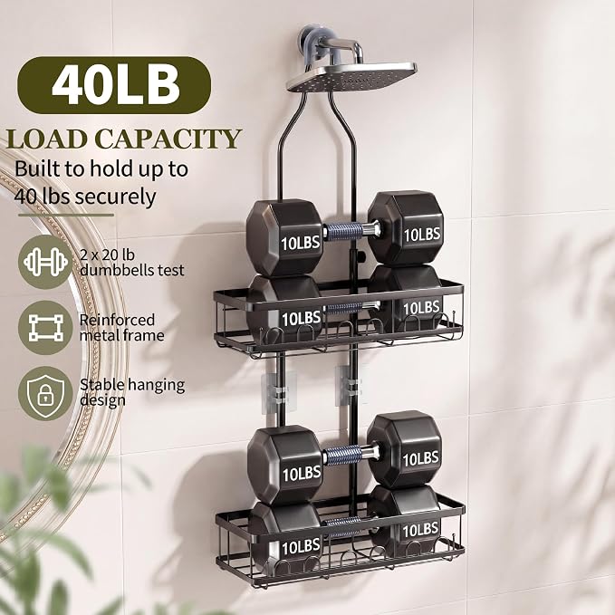 Skyapex Shower Caddy Hanging Over Shower Head, Adjustable Black Bathroom Organizer for Inside Shower, Rust-Resistant Stainless Steel Caddy with 2 Baskets, Hooks & Soap Dish for Tall Bottles