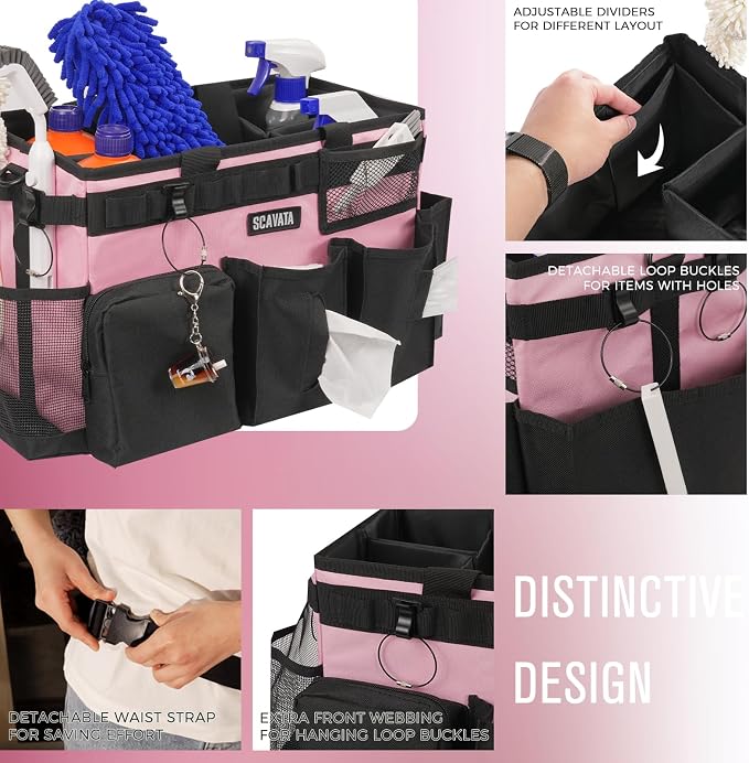 SCAVATA Wearable Cleaning Caddy Bag, Cleaning Caddy Supplies Organizer with Handle & Shoulder Straps for Housekeepers, Under Sink & Car Cleaning Tool Organizers with 4 Foldable Divider (SweetPink)