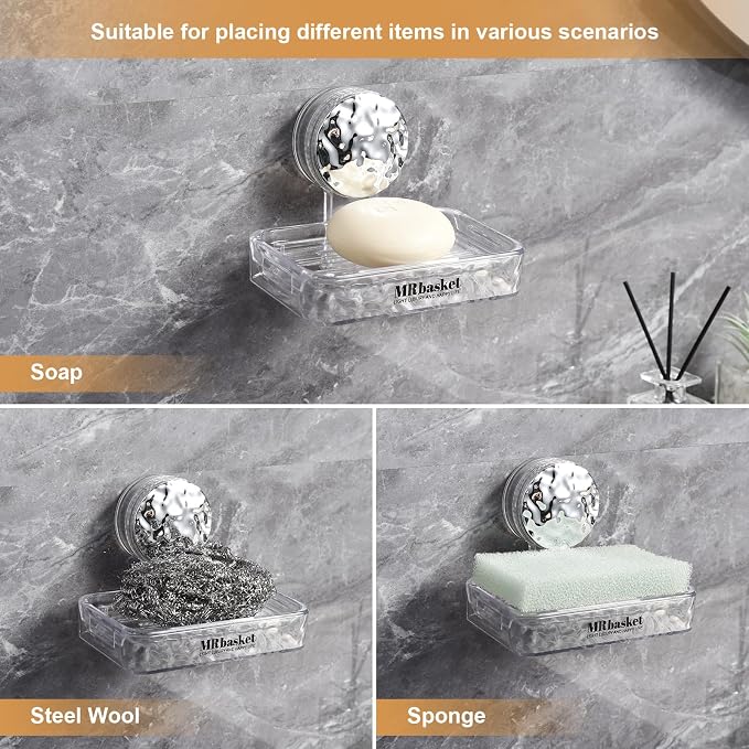 Soap Dish Holder Suction Cup, Wall Mounted Self Draining Soap Case & Sponge Rack, No Drilling Suction Bar Soap Holder for Bathroom, Kitchen Sink
