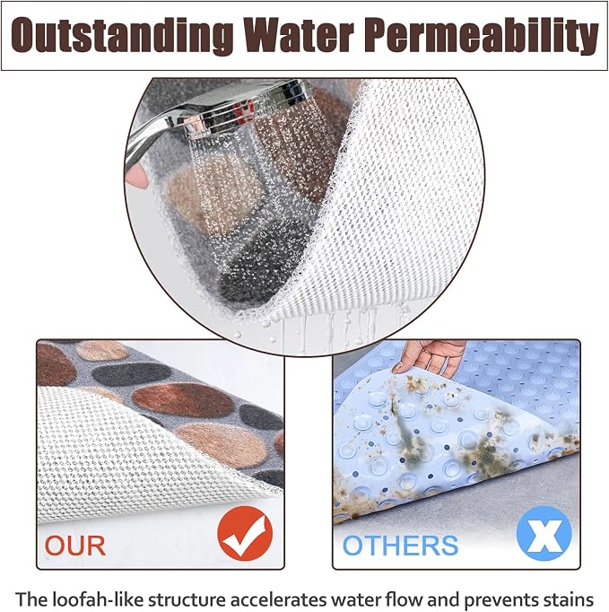 Square Shower Bath Mat Non-Slip: 36x36 Inch Large Bath Tub Mat for Inside Shower - Soft Textured with Drain Holes- Gray Bathroom Floor Safety Mat Foot Massage Scrubber
