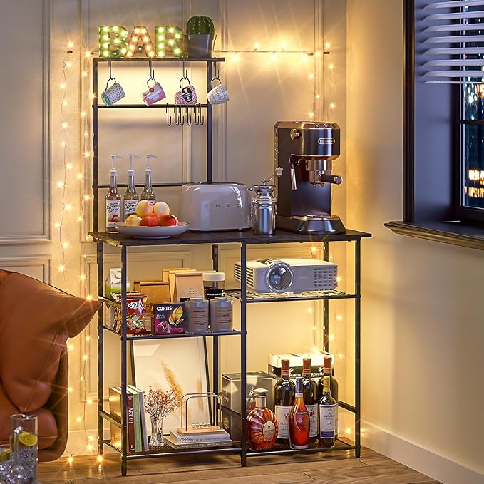 3IngSeagulls Baker's Rack for Kitchen with Storage, Microwave Stand with Adjustable Shelves, Kitchen Stand with 10 S Hooks, 6-Tier Coffee Bar Station, Storage Shelves for Spices, Pots, Gray