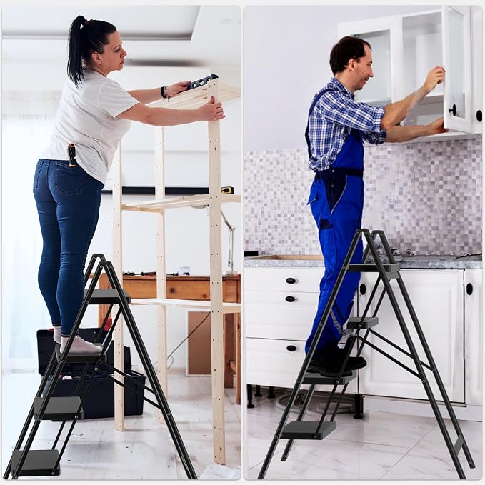 DIAMONDFORGE 4 Step Ladder, Folding Step Stool with Anti-Slip Wide Pedal, Anti-Slip Feet, Sturdiest Steel Construction, Steel Ladder for Home and Office, Black