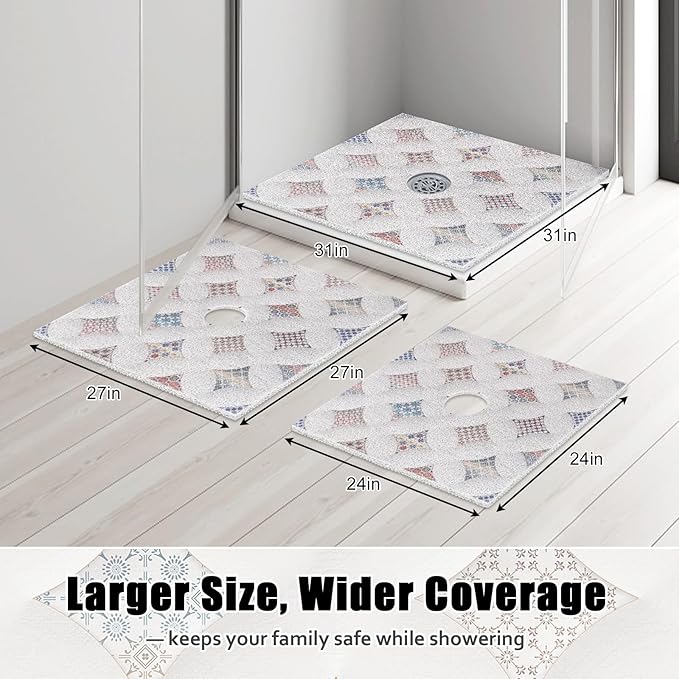 Square Shower Mat Non Slip: 31x31 Inch Extra Large Shower Floor Mat with Drain Hole in Middle - Soft PVC Loofah Bath Mat for Shower - Anti Slip Shower Stall Mat for Elderly and Kids