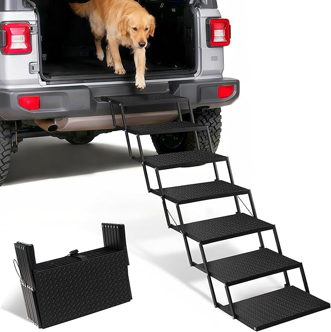 Foldable Dog Car Steps - Upgraded Non-Slip Pet Stairs for Large Dogs, Portable Metal Frame Dog Ramps for High SUV, Truck and Cars, Lightweight Pet Ladder with High Load-Bearing Capacity (7 Steps)