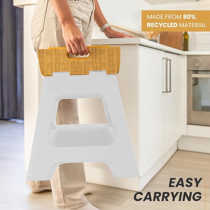 Vigar Compact Folding Step Stool - 16 Inch 2 Step Foldable Step Stool for Adults, Lightweight Portable Stool with Handle, Non Slip Step Stool, Space-Saving Stool up to 330 lb - Grey, Bamboo Print Top