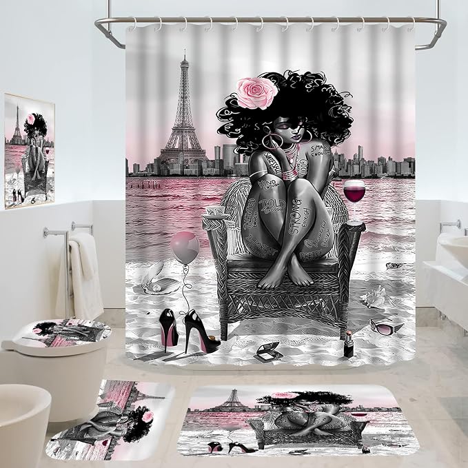 5Pcs Black Girly Bathroom Sets with Rugs and Wall Painting, Pink and Black African American Shower Curtain Set with Rugs, Parisian-Style Modern Wall Decor, Bathroom Shower Curtain and Rug Set