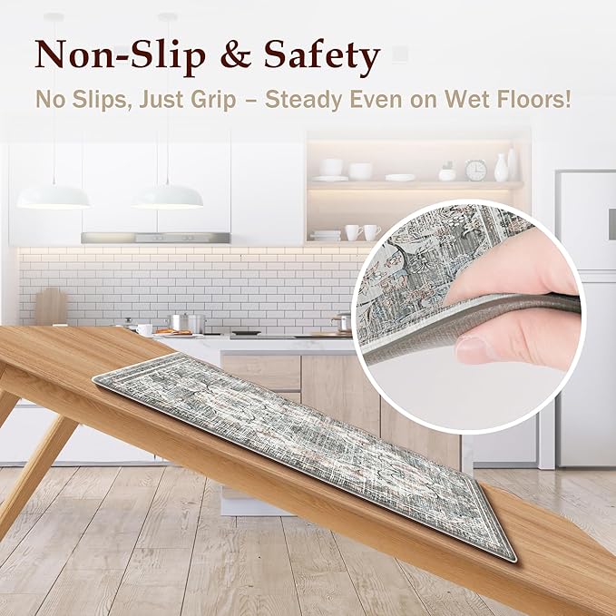 Boho Kitchen Mats for Floor 2 Piece Set Anti Fatigue Cushioned PVC Kitchen Rugs Non Slip Waterproof Farmhouse Mats 2/5 Inch Comfort Standing Mat for Sink, Laundry, 17.3"x59"+17.3"x28", Beige Grey