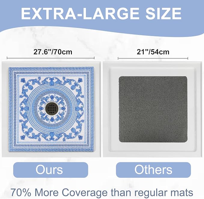 Square Shower Mat Non Slip: 27x27 Inch Extra Large Shower Mats with Drain Hole in Middle -Anti Slip Shower Mats for Inside Shower -Loofah Shower Floor Mat Bath Mat for Shower Stall Bathtub Elderly