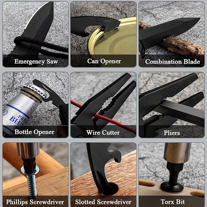 RoverTac 15-in-1 Pocket Multitool Knife - Folding Knife with Pliers, Bottle & Can Opener, Phillips Screwdriver + 9 Bits, Nylon Sheath - EDC Multi Tool for Camping, Hiking & DIY - Gifts for Men & Dad