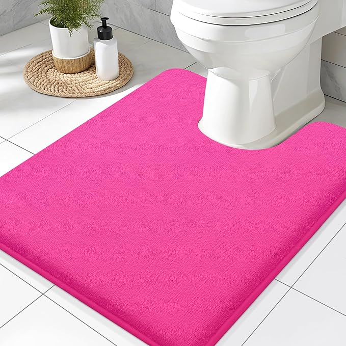 Smiry Memory Foam Toilet Rugs U-Shaped 24x20, Extra Soft Absorbent Non-Slip Contour Bathroom Rugs, Machine Washable Bath Mats for Toilet, Deep Pink