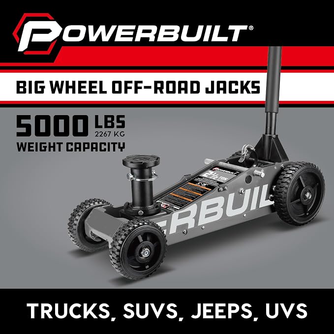 Powerbuilt 2.5 Ton Big Wheel Off Road Jack, Vehicle Lift for Trucks, SUVs, ATVs Offroad Vehicles, Oversized Wheels for Rugged Terrain, 5000 LB Capacity, Grey 620623ECE