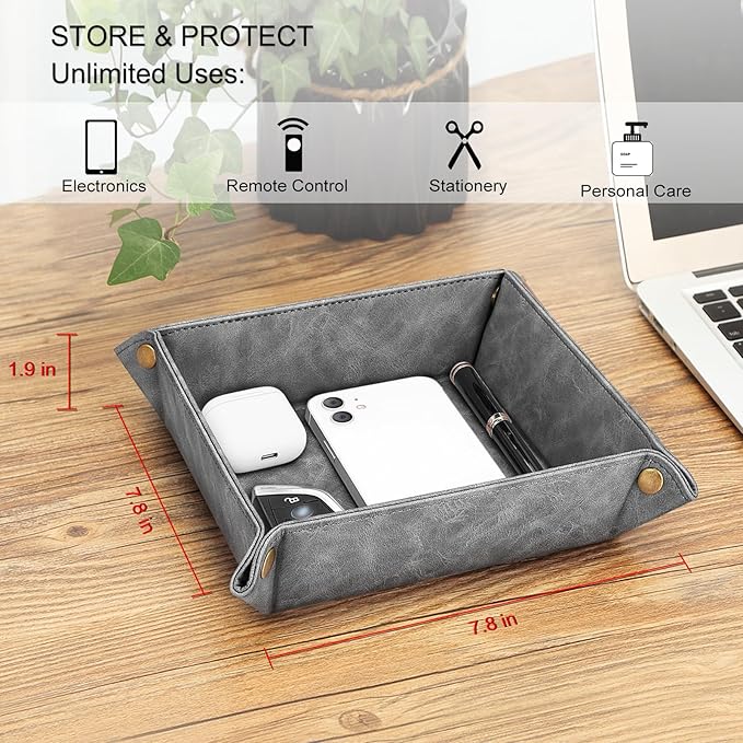 SITHON Valet Tray Desktop Storage Organizer – Premium PU Leather Catchall Bedside Vanity Tray Nightstand Caddy Holder for Remote Controller, Keys, Phone, Wallet, Coin, Jewelry (Gray)