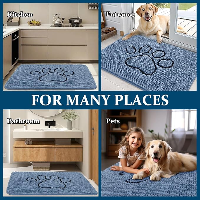 OLANLY Dog Door Mat for Muddy Paws 30x20, Paw Print Design, Absorbs Moisture and Dirt, Absorbent Non-Slip Washable Doormat, Quick Dry Chenille Mud Mat, Entry Indoor Entryway Carpet, Airy Blue