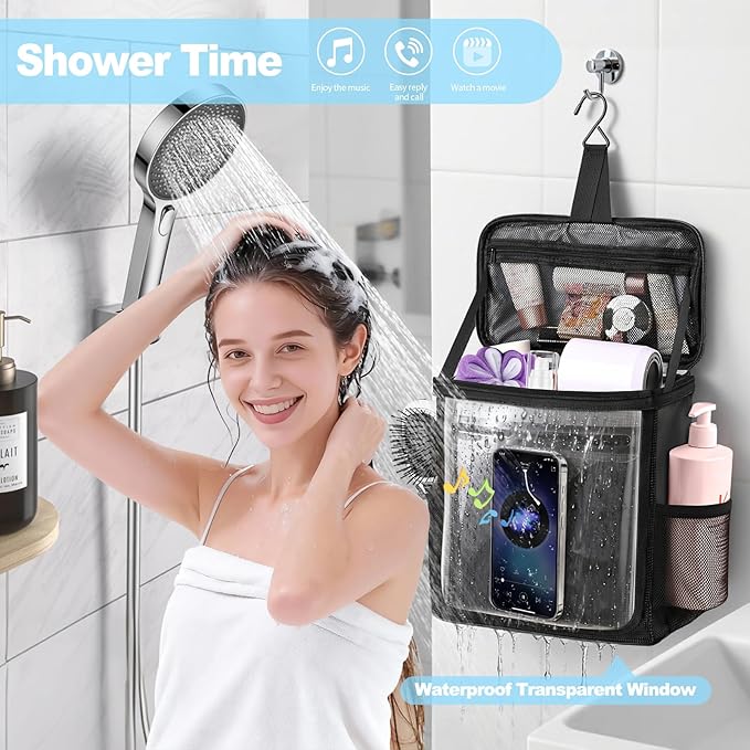Hanging Shower Caddy Portable, Travel Toiletry Bag for Men & Women, Large Capacity with Hook,Dorm Room Essentials With Waterproof Phone Compartment, for Bathroom, Picnic, Gym, Travel(Black)