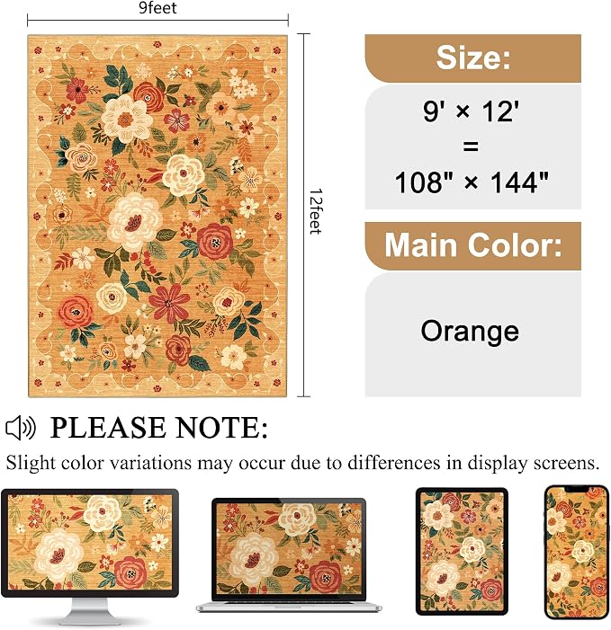 DUKINO 9x12 Area Rug, Floral Rugs for Living Room, Lightweight Non Slip Washable Rug, Indoor Low Pile & Non-Shedding Boho Design Rugs for Bedroom, Living Room, Dining Room, Orange