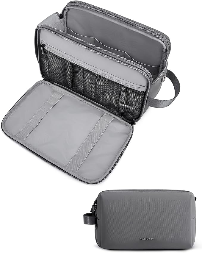 BAGSMART Toiletry Bag for Men, Travel Toiletry Organizer Dopp Kit Water-resistant Shaving Bag for Toiletries Accessories, Door Room Essentials,Grey-large