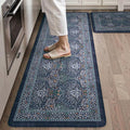 Collive Kitchen Mats for Floor 2PCS, Cushioned Anti Fatigue Rugs Non Slip Waterproof Kitchen Sink Mat, Dark Blue Floral Standing Mat for Bar, Office, Desk, Home Decor, 20" x 47" + 20" x 32"
