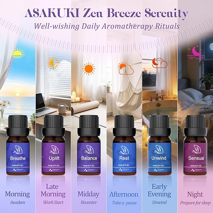ASAKUKI Essential Oils for Diffuser –6 Mood Essential Oil Blends (Breathe, Uplift, Sensual, Balance, Unwind, Rest) for Morning to Night Rituals, Home & Daily Use- Gifts for Mom