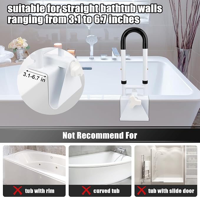 Windspeed Height Adjustable Bathtub Safety Grab Bar for Seniors Bathtub Rails Handles Shower Grab Bars for Elderly, Disabled, Assistance Getting in and Out of Tub, Fits 3.1 to 6.7 Inch Tub Walls