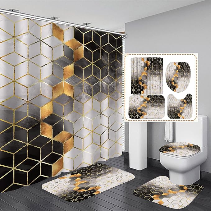 LQCOOL 4Pcs Black Gradient Shower Curtain Set,Black Marbling Golden Cubic Lines Bathroom Set Texture Modern Art Bath Accessories with Mats