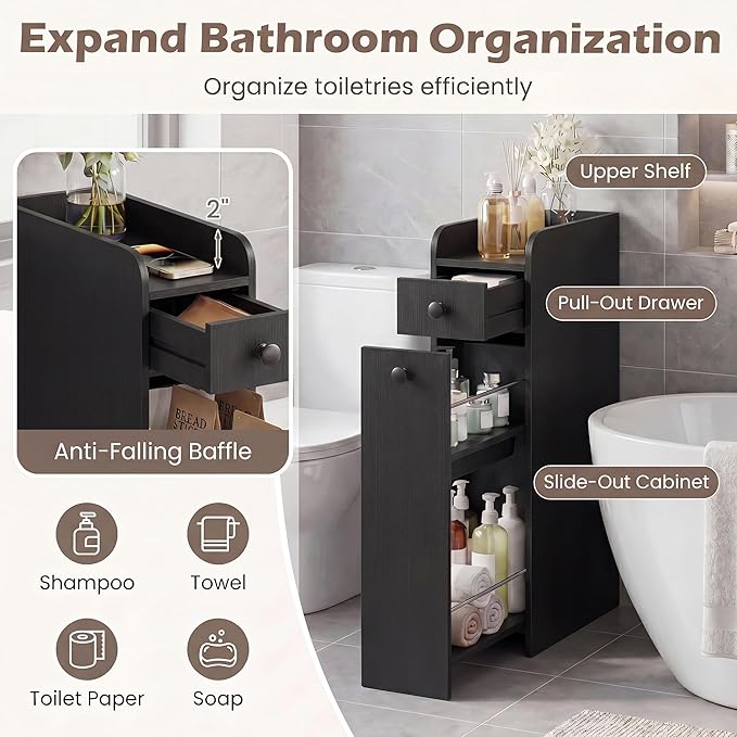 COSTWAY Slim Bathroom Cabinet, 7" Wide Space-Saving Storage with 2-Tier Slide-Out Drawer, Shelf & Toilet Paper Holder, Freestanding Narrow Organizer for Bathroom, Laundry & Small Spaces (Black)