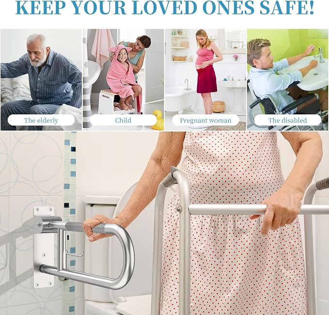 Toilet Grab Bar 24 Inch, Munzong Anti-Slip Handicap Grab Bars with Paper Holder, Flip-Up Bathroom Toilet Safety Rails, Stainless Steel Knurled Support handrails for Seniors Elderly Disabled Pregnant