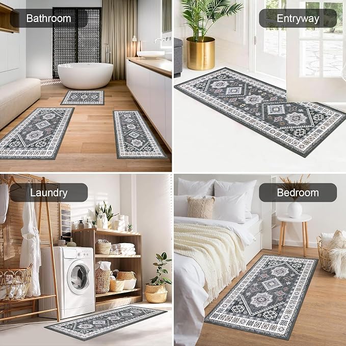 HEBE Boho Kitchen Rug Sets 3 Piece with Runner Non Slip Kitchen Rugs and Mats Washable Kitchen Mats for Floor Thick Kitchen Floor Mat Carpet Runner Rugs for Hallway Laundry Holiday Decor