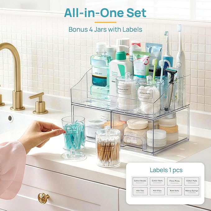 Vtopmart 7 PCS Bathroom Countertop Organizer, 1 Divided Tray with 4 Qtip Holder Jars and 2 Drawers, Restroom Clear Organizers for Toothbrush, Cotton Pads, Vanity Accessories Storage Set