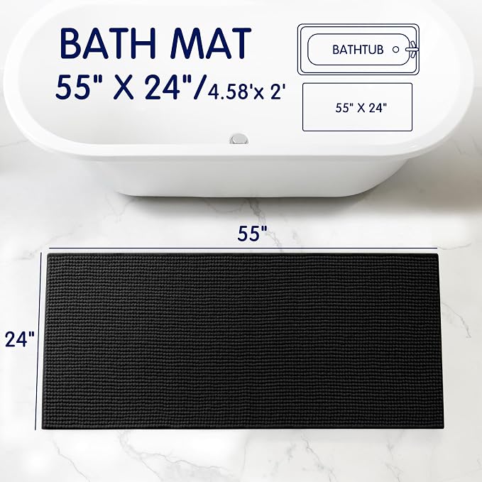SUBRTEX Bathroom Rugs, 24" x 55" Chenille Bath Rug Soft Short Plush Bath Mat Soft Shower Mat Water Absorbent Shower Mat Quick Dry Machine Washable, Black