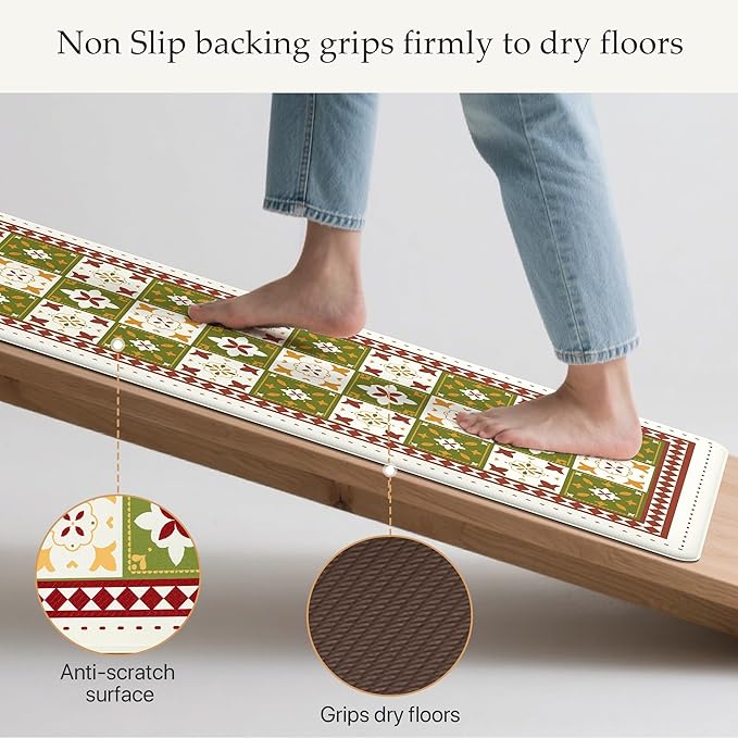 GENIMO Anti Fatigue Kitchen Mats for Floor, Cushioned Non Slip Kitchen Rug, Waterproof Kitchen Floor Mat Runner, Kitchen Mat for Laundry, Sink, Office, Entryway, 17.3"x59"+17.3"x30", Green