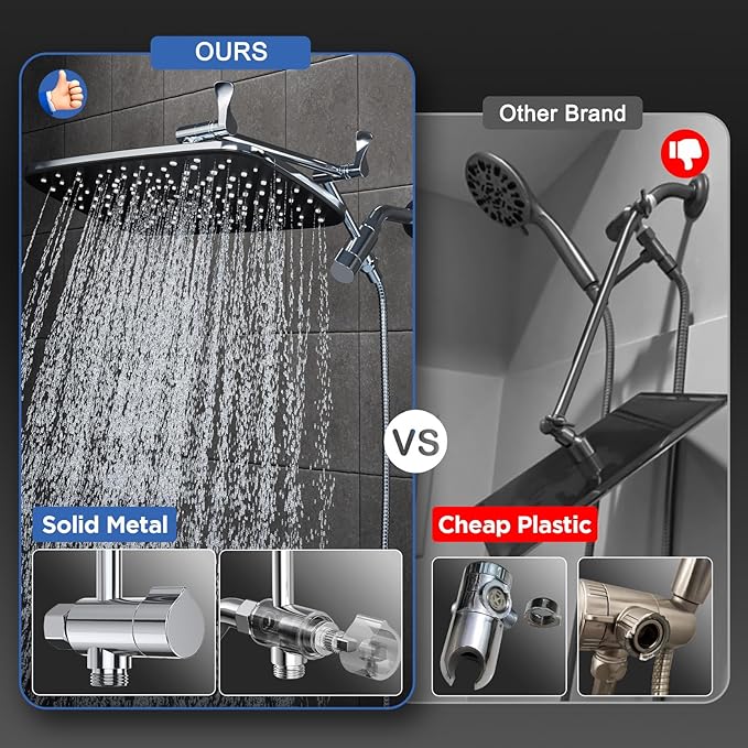 Veken 11.8" Rain Shower Head with Handheld, High Pressure Handheld Shower with Multi Spray Modes, Rainfall Combo with 15" Metal Extension Arm, Detachable Dual Shower, Bathroom Decor, Chrome Silver