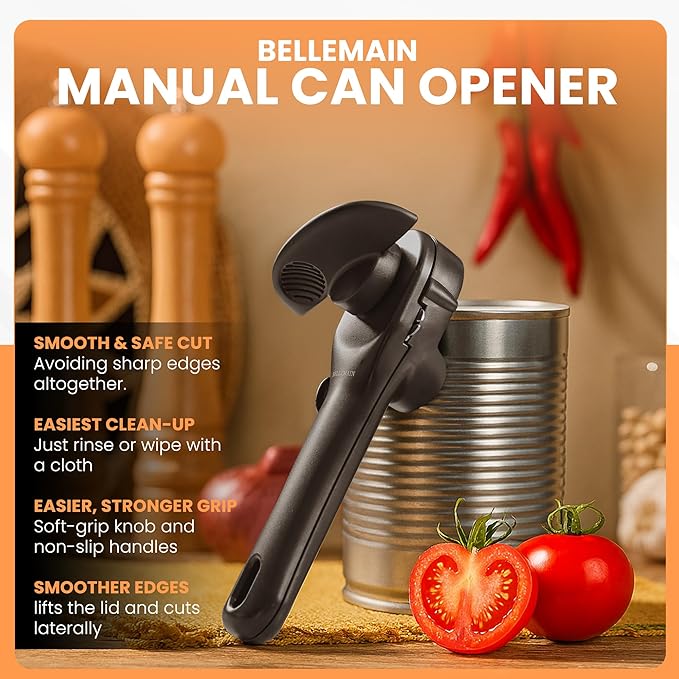 Bellemain- Safe Cut Stainless Steel Ergonomic Can Opener, Manual, Smooth Edge Perfect For Home Chefs and Restauraunts