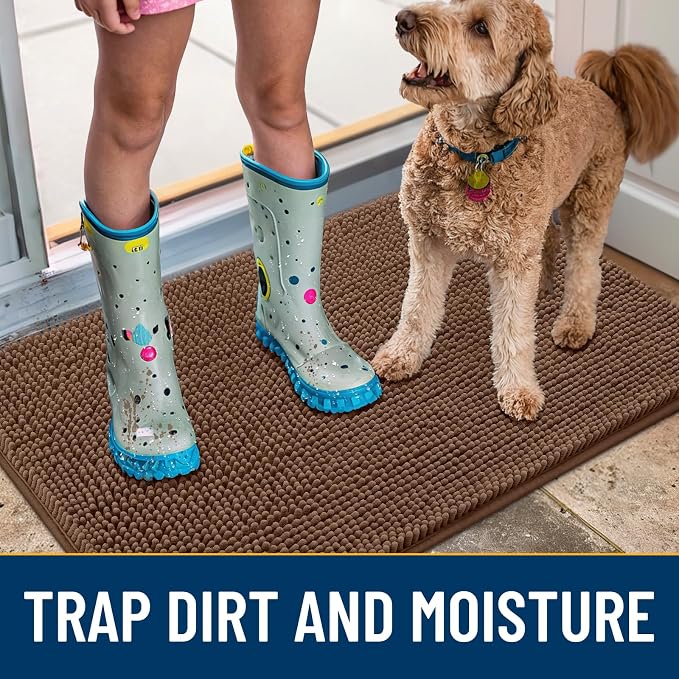 Smiry Dog Door Mat for Muddy Paws 40x32, Absorbent Dirt Trapper, Non-Slip Washable Chenille Entryway Rug for Inside Floor, Mocha, Classic Solid