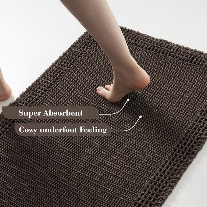 RESARE Waffle Bath Mat for Bathroom, Super Absorbent Bathroom Rugs Non Slip Machine Washable, Ultra Soft Quick Dry Boho Bath Rugs with Tassels, Farmhouse Home Decor Accessories, 20"x32" Chocolate