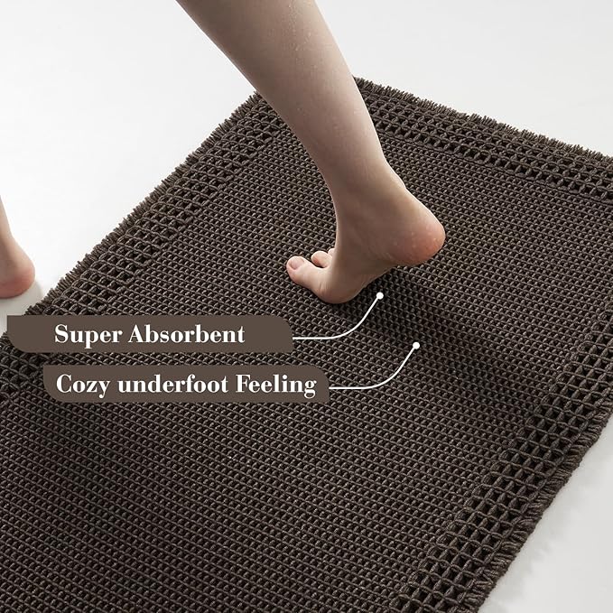 RESARE Waffle Bath Mat for Bathroom, Super Absorbent Bathroom Rugs Non Slip Machine Washable, Ultra Soft Quick Dry Boho Bath Rugs with Tassels, Farmhouse Home Decor Accessories, 17"x24" Chocolate