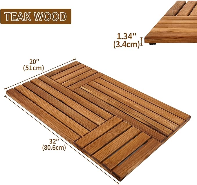 Utoplike Teak Wood Bath Mat, 32 x 20 inch Large Wooden Shower Mat for Bathroom, Non Slip Wood Floor Sturdy Mat for Inside Shower Luxury Spa Home or Outdoor
