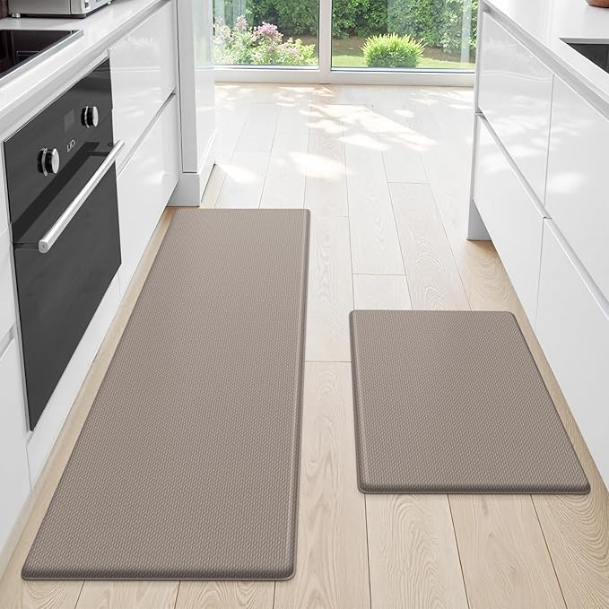 StepLively Kitchen Mat, 2 PCS Kitchen Rugs, Cushioned Kitchen Mats for Floor, Anti Fatigue Kitchen Rug Set, Non-Skid Standing Mat for Kitchen, Office, Sink, 17.3"x30"+17.3"x59", Khaki