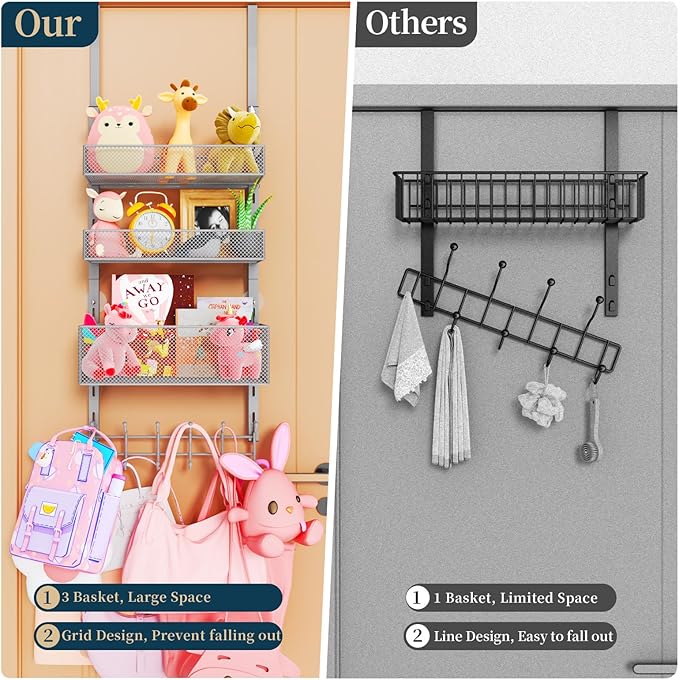 Consumest Over The Door Hooks Organizer - 4 Tier Door Coat Rack with 3 Baskets & 12 Hooks, Stainless Steel Towel Hanger for Bedroom, Bathroom, Living Room, Silver