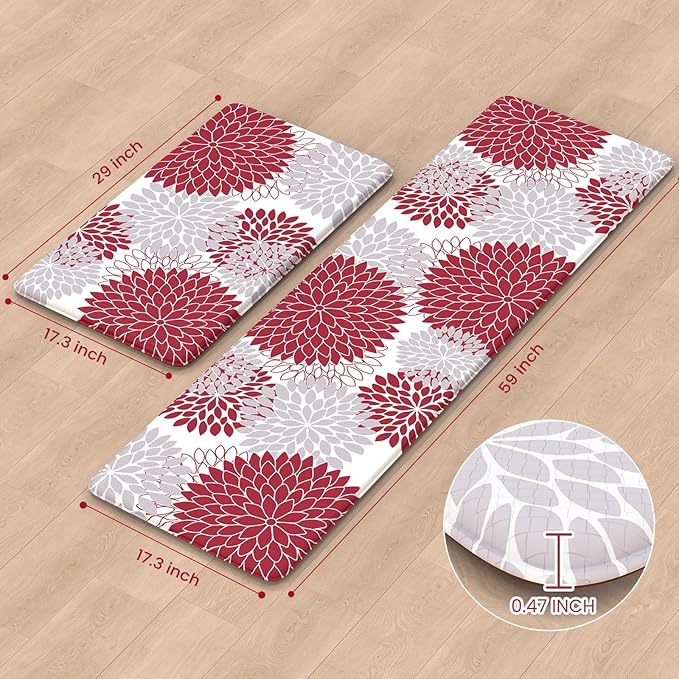 Anti Fatigue Kitchen Mats,17"x59"+17"x29" Non Slip Boho Dahlia Kitchen Rugs Sets of 2,Farmhouse Waterproof Kitchen Mat for Floor,Cushioned Standing Mat for Office,Laundry,Sink,Desk,Red
