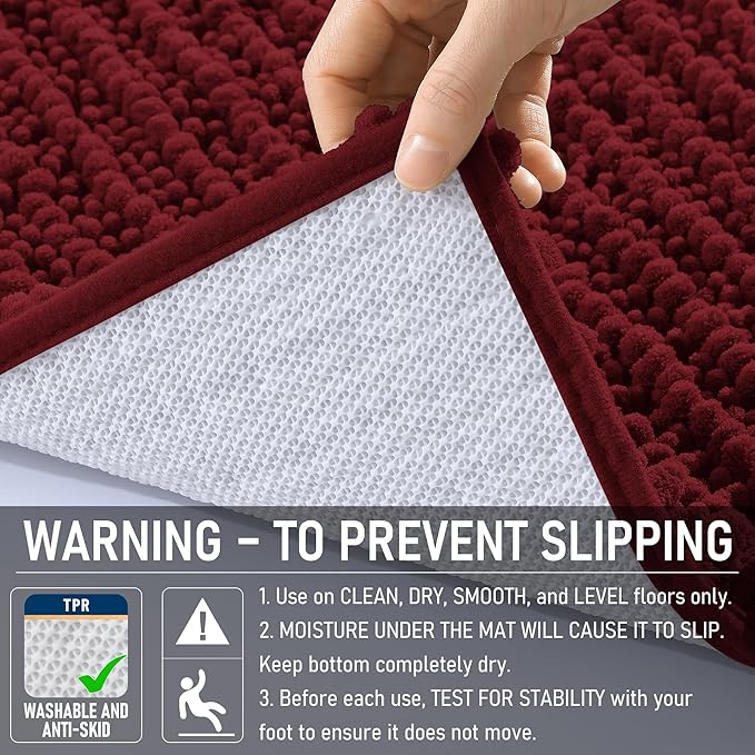 OLANLY Bathroom Rug Mat 40x32, Thick Soft and Absorbent Chenille Bath Mat, Non-Slip Rubber Backing, Machine Washable Quick Dry Bath Rugs for Tub Shower Floor, Home Decor Accessories, Burgundy