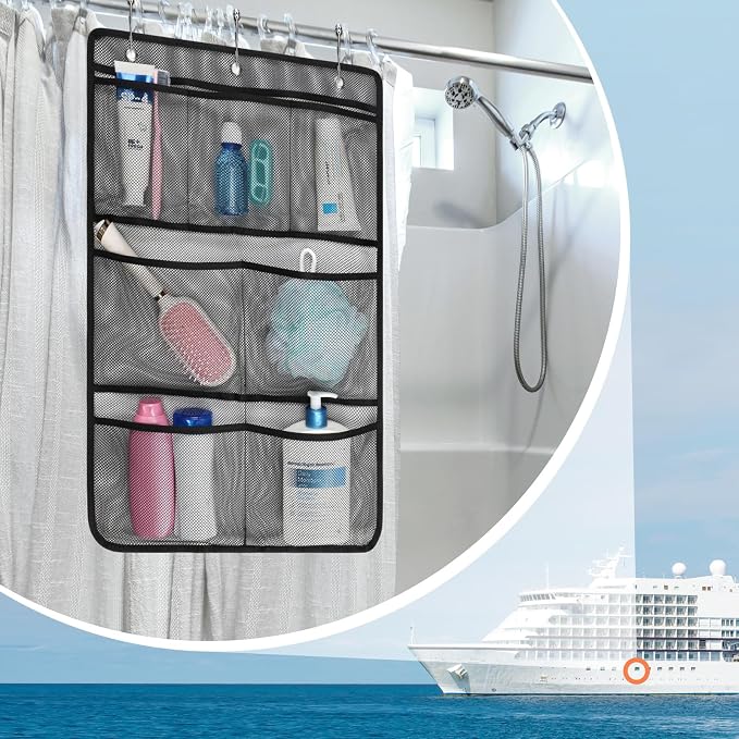 F-color Cruise Essentials 2026 - Mesh Shower Organizer Hanging with 7 Pockets for RV Gym Camping, Quick-Dry Portable Toiletry Bag with Metal Hooks for Bathroom Travel Toiletries, Black