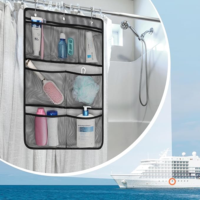 F-color Cruise Essentials 2026 - Mesh Shower Organizer Hanging with 7 Pockets for RV Gym Camping, Quick-Dry Portable Toiletry Bag with Metal Hooks for Bathroom Travel Toiletries, Black+White