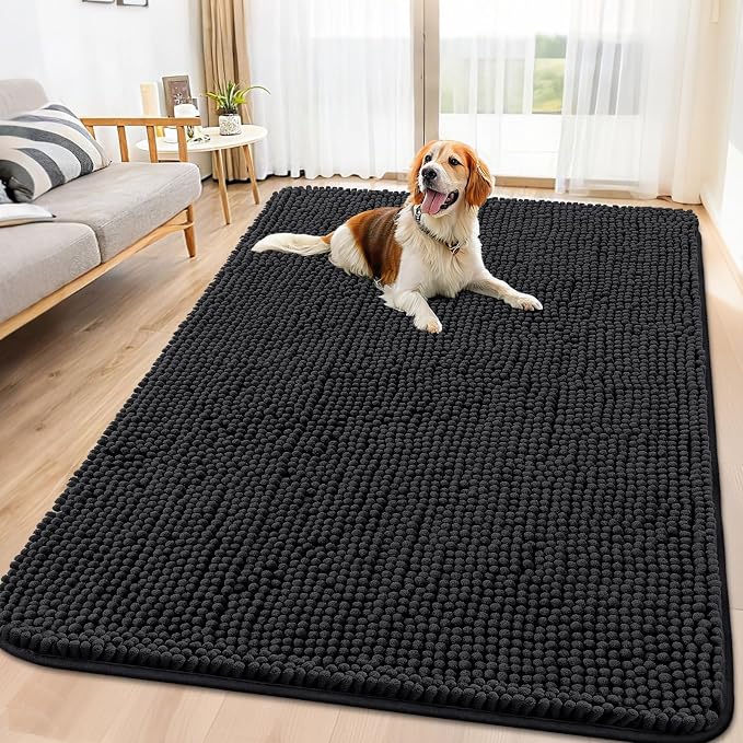 Smiry Dog Door Mat for Muddy Paws 71x46, Absorbent Dirt Trapper, Non-Slip Washable Chenille Entryway Rug for Inside Floor, Black, Classic Solid