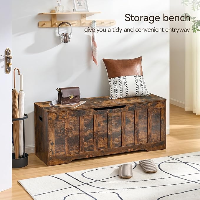 VANKILEY 47.2"Storage chest extra large,storage trunk with 2 safety Hinges,Wooden storage bench,Shoe Bench,47.2x15.7x19.1 Inch,Easy Assembly,storage bench for bedroom,living room,entryway,Rustic brown