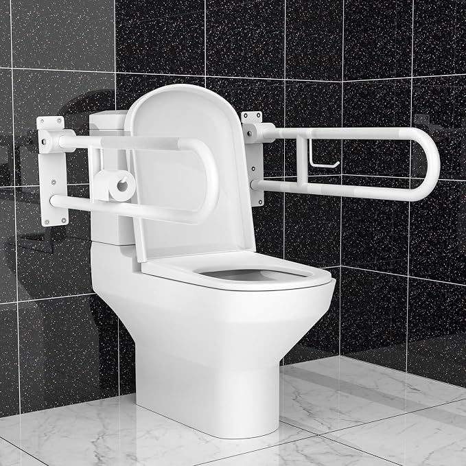 U Shaped Toilet Grab Bar 32 Inch, Munzong White Anti-Slip Support Rail, Flip-Up Bathroom Grab Bar with Paper Holder, Stainless Steel Knurled Handicap Safety handrails for Elderly Disabled Pregnant