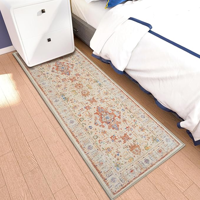AREDO Runner Rug with Non Slip Rubber Backing, Washable Soft Floor Carpet for Kitchen, Hallway, Entryway Indoor, Bedroom, Laundry, Low Pile Area Rugs, Geometric Floral, Yellow Pattern, 2' * 6'