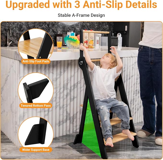 COSYLAND Foldable Toddler Standing Tower - Adjustable Height Folding Step Stool Kid Toddler Kitchen Stool for Learning and Cooking - Ages 18 Months to 6 Years with Safety Net Natural & Charcoal